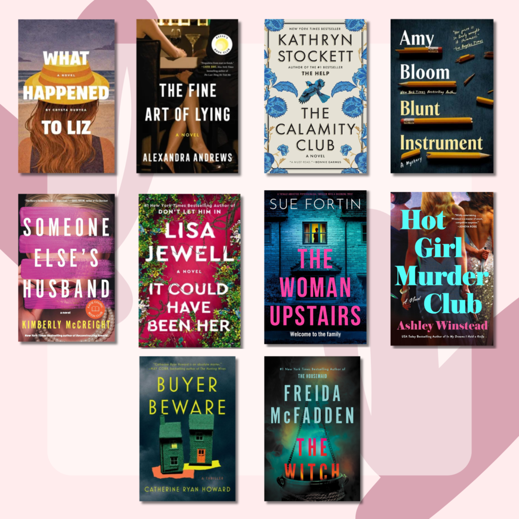 A grid of ten 2026 mystery and thriller book covers arranged on a pink background, featuring titles by Lisa Jewell, Kimberly McCreight, Alexandra Andrews, Kathryn Stockett, Ashley Winstead, Catherine Ryan Howard, and more.