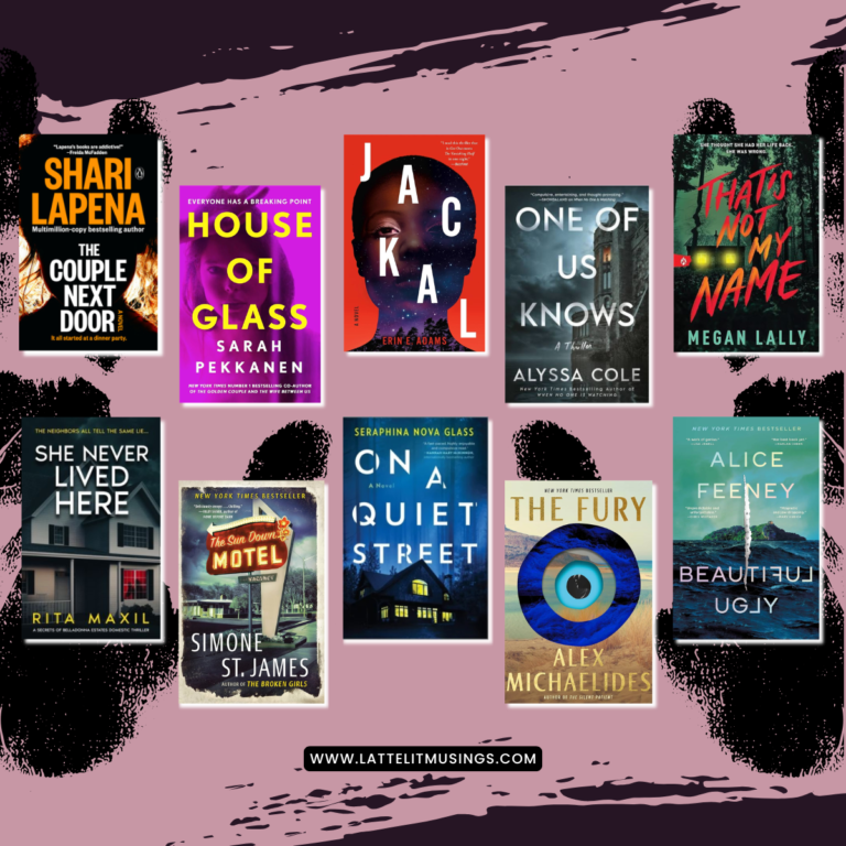 A square collage of 10 book covers on a mauve pink background with black splatter at the top and bottom.