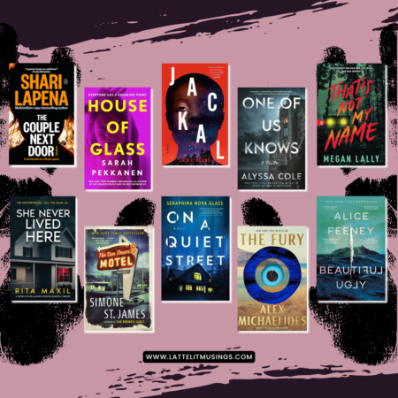 A square collage of 10 book covers on a mauve pink background with black splatter at the top and bottom.